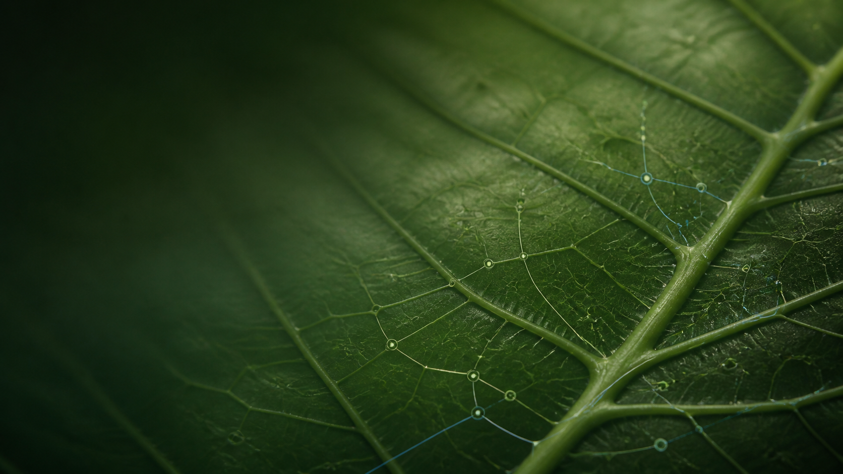 Leaf veins overlaid with subtle signal paths and workflow nodes